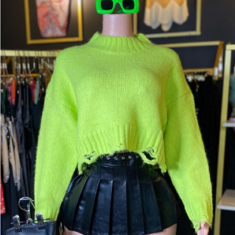 Lime green distressed crop sweater